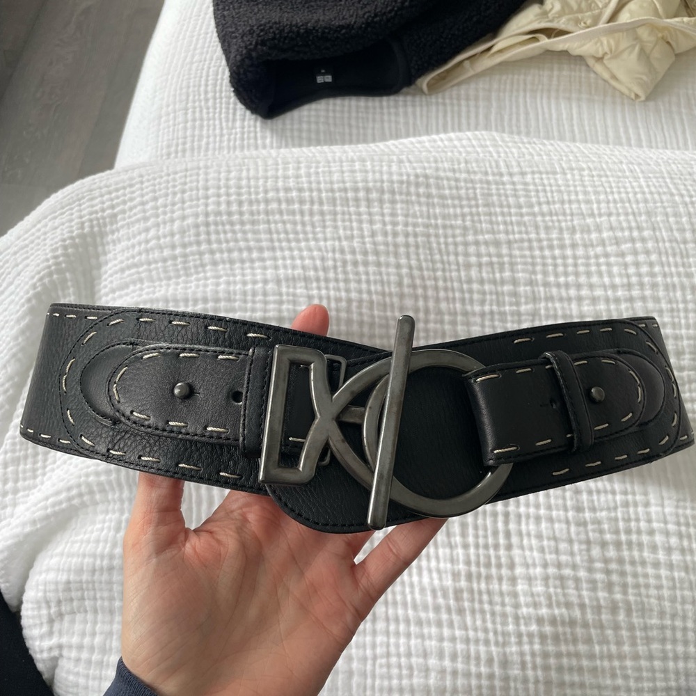 Wide Black Stitched Leather Belt with Statement Metal Buckle